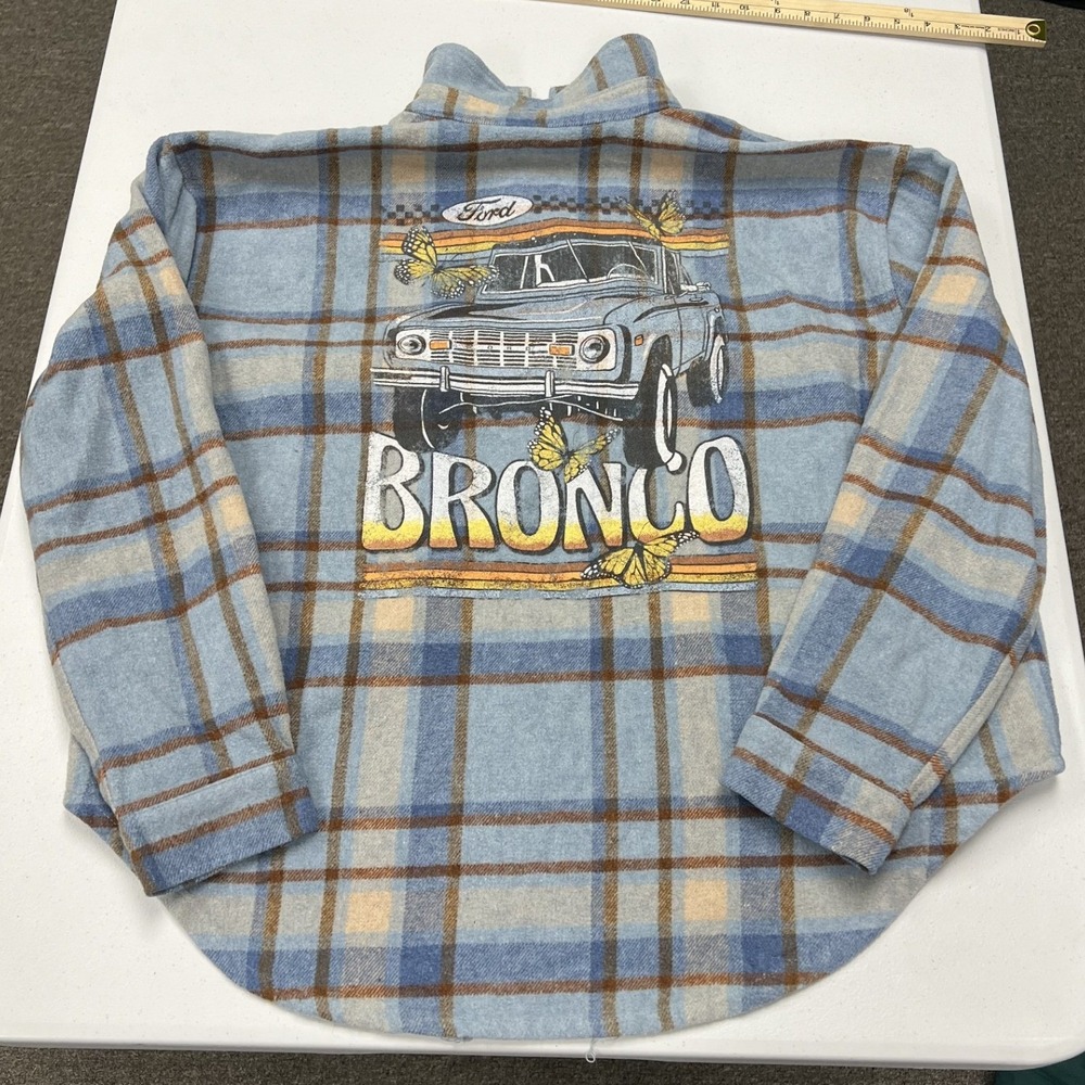 Ford Bronco Plaid Shacket Womens XL Blue Graphic Back Button Up Shirt Jacket